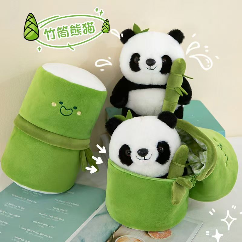 Bamboo panda plush toy, cute panda hugging bamboo doll