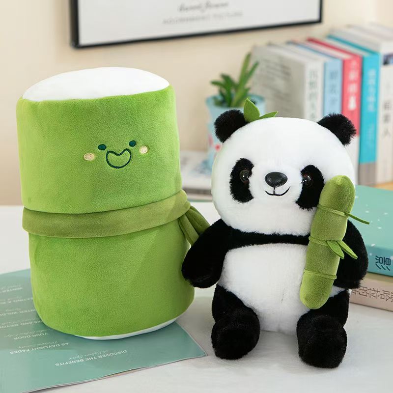 Bamboo panda plush toy, cute panda hugging bamboo doll