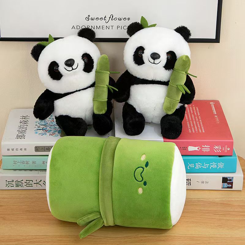 Bamboo panda plush toy, cute panda hugging bamboo doll