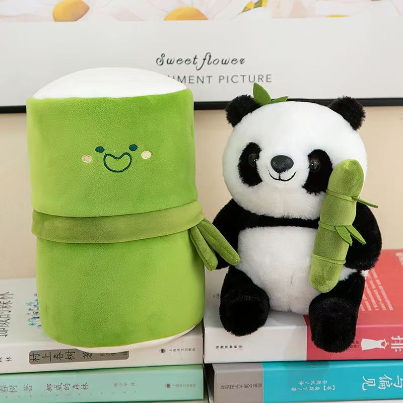 Bamboo panda plush toy, cute panda hugging bamboo doll